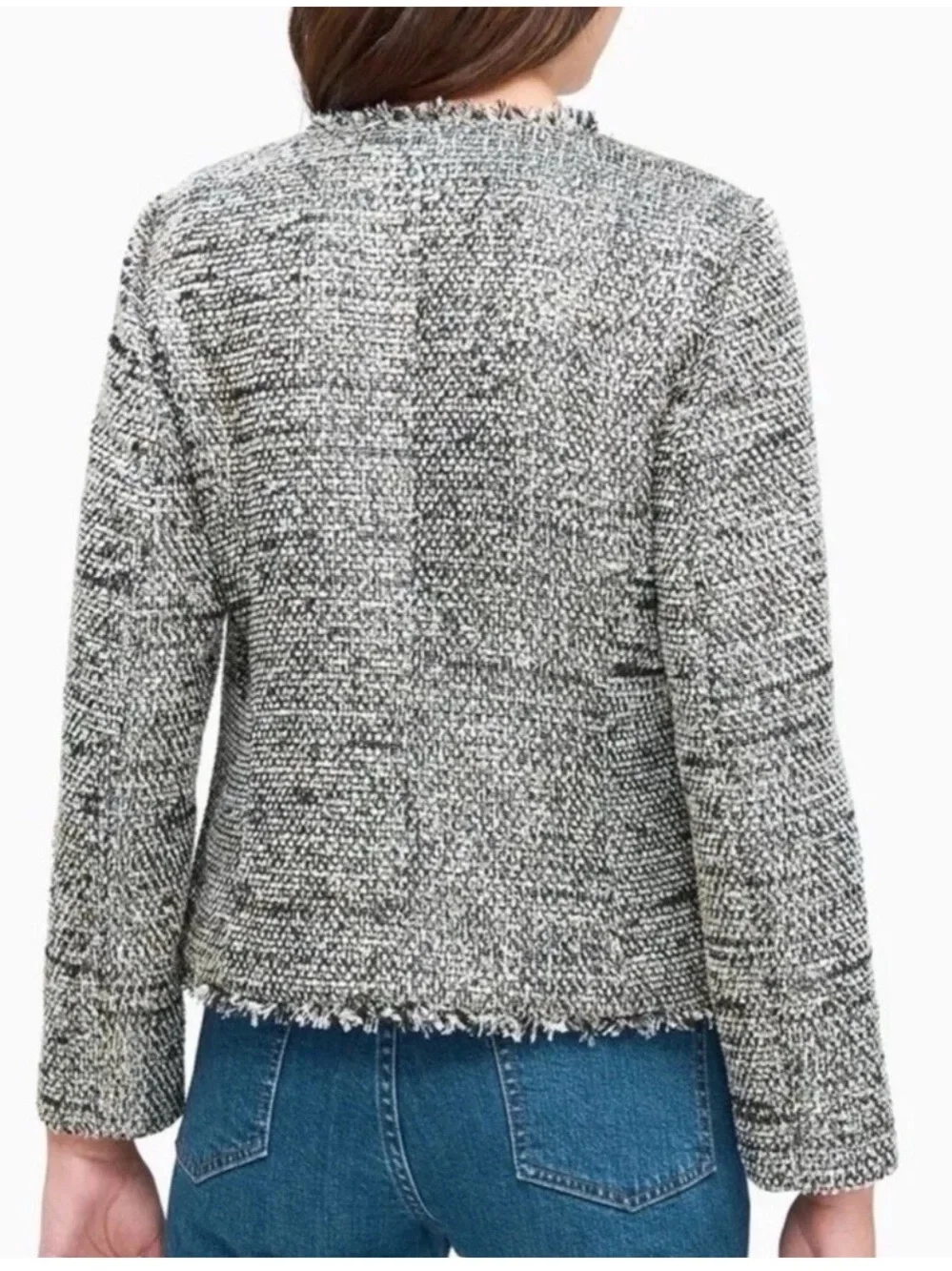 Kate Spade New York Metallic Sparkle Party Tweed Fringe Trim Open Front Jacket